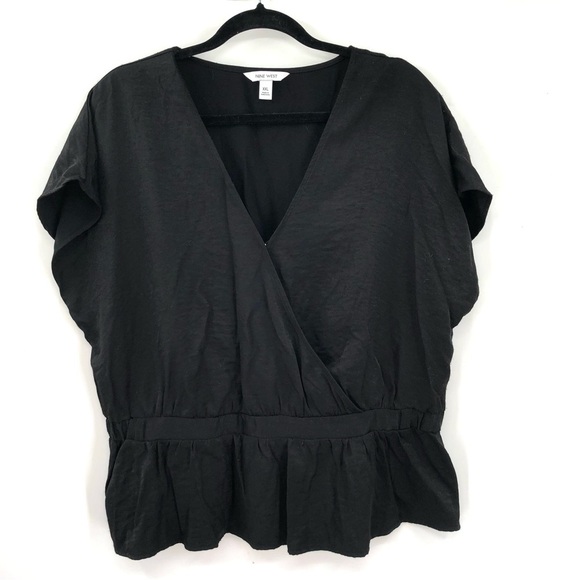 NINE WEST Black Silky Blouse XXL Faux Wrap Peplum Waist Cross Front Top Women - Picture 1 of 8